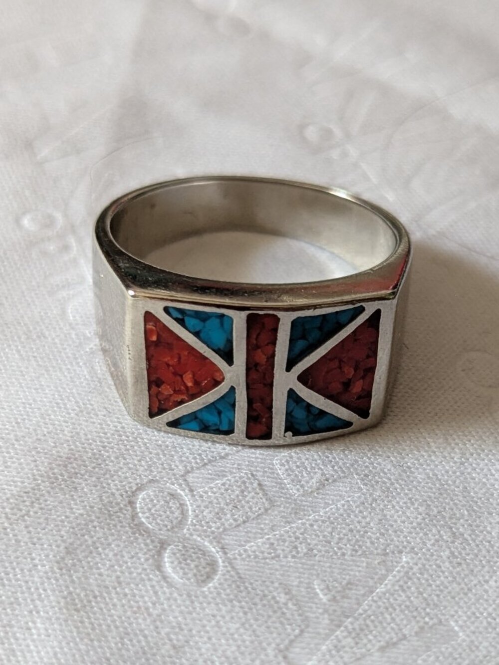 Silver Zuni Coral and Turquoise ring